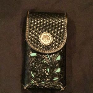 Cowboy Tooled Black Leather Belt iPhone Holder